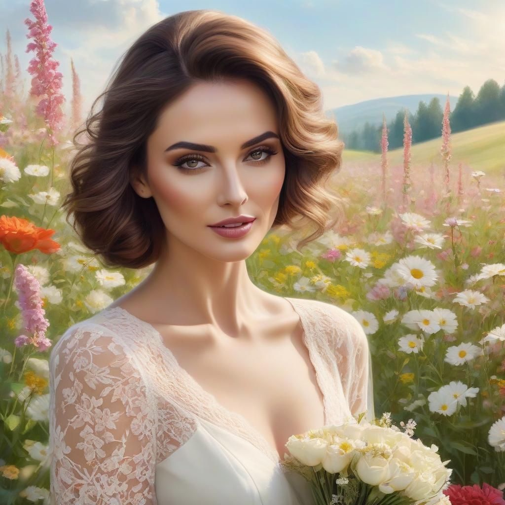  a woman with moderate makeup, brown haired wavy hair of medium length, in a lace blouse of pale beige color , with a bouquet of flowers in her hand, against the background of a flower meadow, close up portrait of a face, realistic fantasy drawing, stylized portrait h 1280, ultra realistic, beautiful, colorful, realistic , high detail ,rim light, animated 3D graphics, amazing watercolor painting, hyperrealistic, full body, detailed clothing, highly detailed, cinematic lighting, stunningly beautiful, intricate, sharp focus, f/1. 8, 85mm, (centered image composition), (professionally color graded), ((bright soft diffused light)), volumetric fog, trending on instagram, trending on tumblr, HDR 4K, 8K