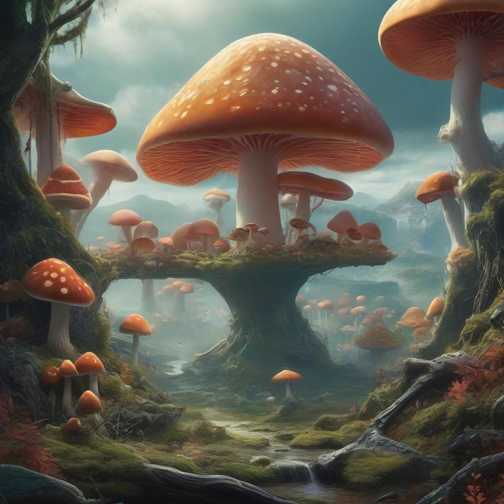  concept art Acidic colors, retro style poster, monochrome, numerous mushrooms with open eyes growing out of moss, rainbow rivers, mutant animals, bears, deer, skunks, hawk, demon, acidic colors, retro style poster, monochrome. . digital artwork, illustrative, painterly, matte painting, highly detailed hyperrealistic, full body, detailed clothing, highly detailed, cinematic lighting, stunningly beautiful, intricate, sharp focus, f/1. 8, 85mm, (centered image composition), (professionally color graded), ((bright soft diffused light)), volumetric fog, trending on instagram, trending on tumblr, HDR 4K, 8K