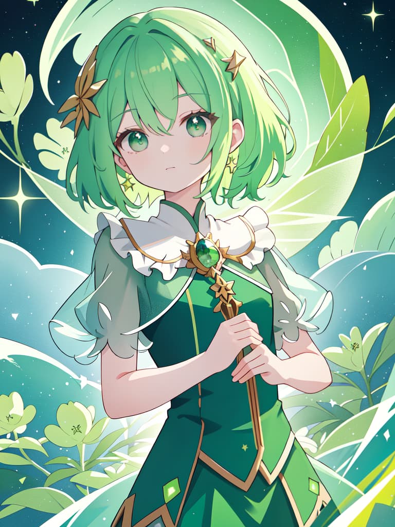  Green hair character star scholar, masterpiece, best quality,8k,ultra detailed,high resolution,an extremely delicate and beautiful,hyper detail