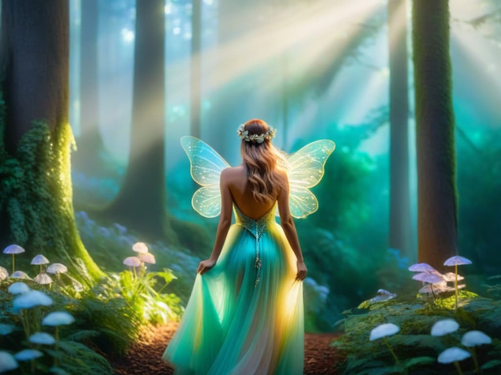  An enchanting painting depicting a group of ethereal fairies with delicate, iridescent wings fluttering gracefully in a mystical forest. The fairies, each with unique attire and intricate hairstyles, are surrounded by vibrant, luminescent flowers and shimmering butterflies. Sunlight filters through the lush canopy, casting a warm, magical glow over the scene, evoking a sense of wonder and enchantment. hyperrealistic, full body, detailed clothing, highly detailed, cinematic lighting, stunningly beautiful, intricate, sharp focus, f/1. 8, 85mm, (centered image composition), (professionally color graded), ((bright soft diffused light)), volumetric fog, trending on instagram, trending on tumblr, HDR 4K, 8K