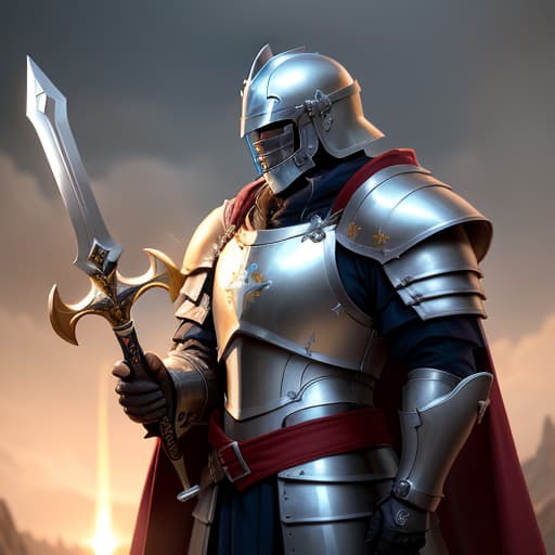  A Christian paladin who wears a roster helmet, the full armor of God, holding a Bible in one hand ,and mighty sword , the sword of Justice, he is praying for Jesus' blessing, the colors are gold, red white and blue, John 3:16 "For God so Love the world that he gave his one and only Son for whom believes in him shall not perish but will have eternal life. , hyperrealistic, high quality, highly detailed, perfect lighting, intricate, sharp focus, f/1. 8, 85mm, (centered image composition), (professionally color graded), ((bright soft diffused light)), trending on instagram, HDR 4K, 8K