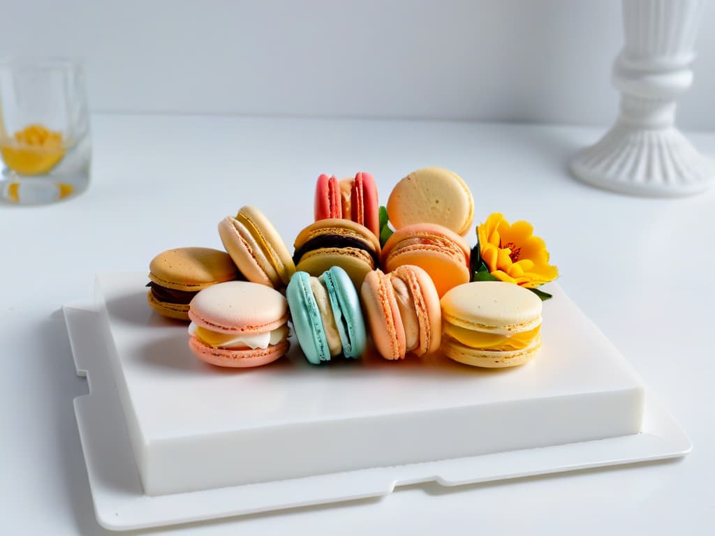  An ultradetailed image of a perfectly arranged display of colorful macarons on a sleek, white marble platter, with each delicate pastry showcasing a flawless smooth surface and crisp ruffled edges. The macarons are expertly positioned in a symmetrical pattern, creating a visually stunning and mouthwatering presentation that exudes elegance and precision. The vibrant hues of the macarons pop against the pristine white background, highlighting their exquisite beauty and craftsmanship. Each macaron is garnished with a delicate edible flower, adding a touch of sophistication to the overall composition. hyperrealistic, full body, detailed clothing, highly detailed, cinematic lighting, stunningly beautiful, intricate, sharp focus, f/1. 8, 85mm, (centered image composition), (professionally color graded), ((bright soft diffused light)), volumetric fog, trending on instagram, trending on tumblr, HDR 4K, 8K