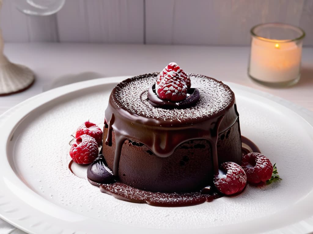  A minimalist image featuring a closeup shot of a decadent dark chocolate lava cake with a glossy exterior, topped with a single fresh raspberry and a dusting of cocoa powder. The cake sits on a sleek white plate against a softfocus background, showcasing the intricate details of the dessert and inviting the viewer to indulge in the rich flavors of origin chocolate. hyperrealistic, full body, detailed clothing, highly detailed, cinematic lighting, stunningly beautiful, intricate, sharp focus, f/1. 8, 85mm, (centered image composition), (professionally color graded), ((bright soft diffused light)), volumetric fog, trending on instagram, trending on tumblr, HDR 4K, 8K