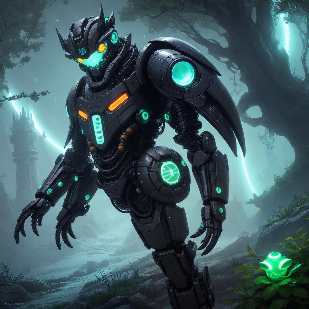  A look weird mechanical creature with big cute eyes and futuristic bioluminescent armor of chestnut tree