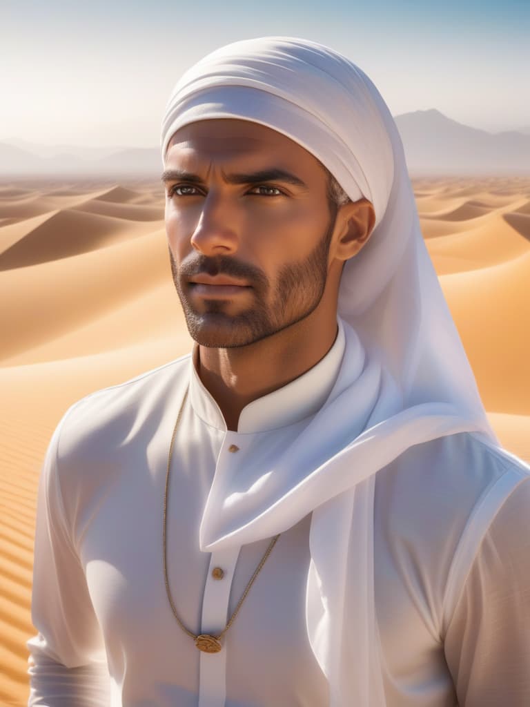  Half body portrait, Handsome Male Tourist Trendy Casual Outfit tie a solid white casual Headscarf ,standing in desert, look at to camera, cinematic lighting, stunningly beautiful, intricate, sharp focus, f/1. 8, 85mm, (professionally color graded), ((bright soft diffused light)), volumetric fog, trending on instagram, trending on tumblr, HDR 4K, 8K hyperrealistic, full body, detailed clothing, highly detailed, cinematic lighting, stunningly beautiful, intricate, sharp focus, f/1. 8, 85mm, (centered image composition), (professionally color graded), ((bright soft diffused light)), volumetric fog, trending on instagram, trending on tumblr, HDR 4K, 8K