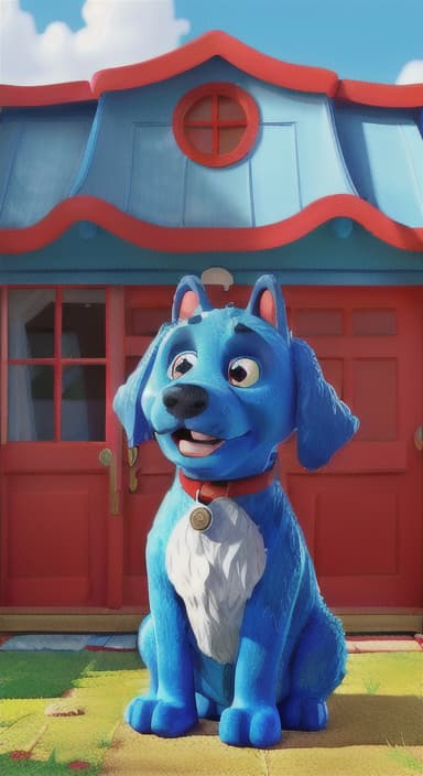  {Max the big blue dog standing in front of a cozy little house with a red door, The big blue dog is large with sky blue fur, big round eyes, a black nose, and floppy ears.