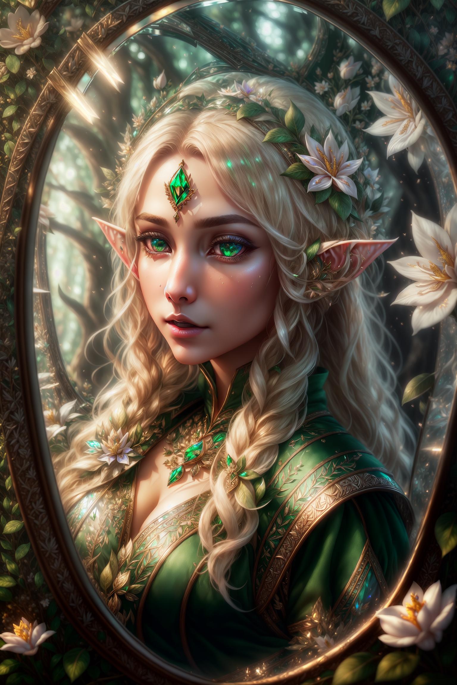  masterpiece,(bestquality),highlydetailed,(beautiful elf:1.5),(narcissistic expression:1.2),(lifedrain:1.3),{reflection in the mirror: trapped in the mirror:1.2},(ancient mirror:1.5),(attracted person:0.8),{dark environment: mysterious atmosphere:1.1},(mirror reflection:1.3),{elf elements: forest: mushrooms: flowers:1.2},(forest elements:1.5),(flower elements:1.5) hyperrealistic, full body, detailed clothing, highly detailed, cinematic lighting, stunningly beautiful, intricate, sharp focus, f/1. 8, 85mm, (centered image composition), (professionally color graded), ((bright soft diffused light)), volumetric fog, trending on instagram, trending on tumblr, HDR 4K, 8K