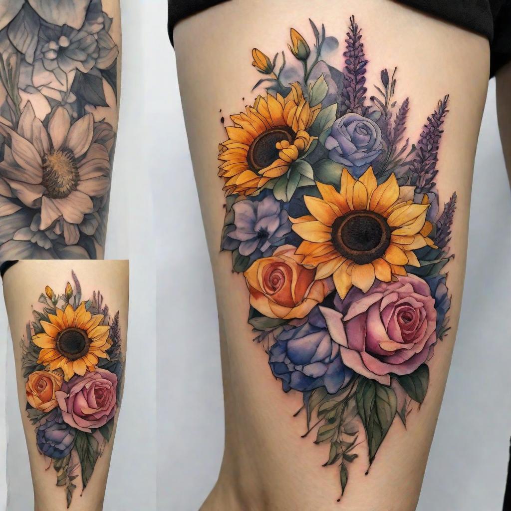  masterpiece, best quality, Watercolour style tattoo on an upper thigh of an arrangement of flowers, primarily of roses, also with Lillie’s, sunflowers and lavender. The colours are subtle, and the sunflower is in the background