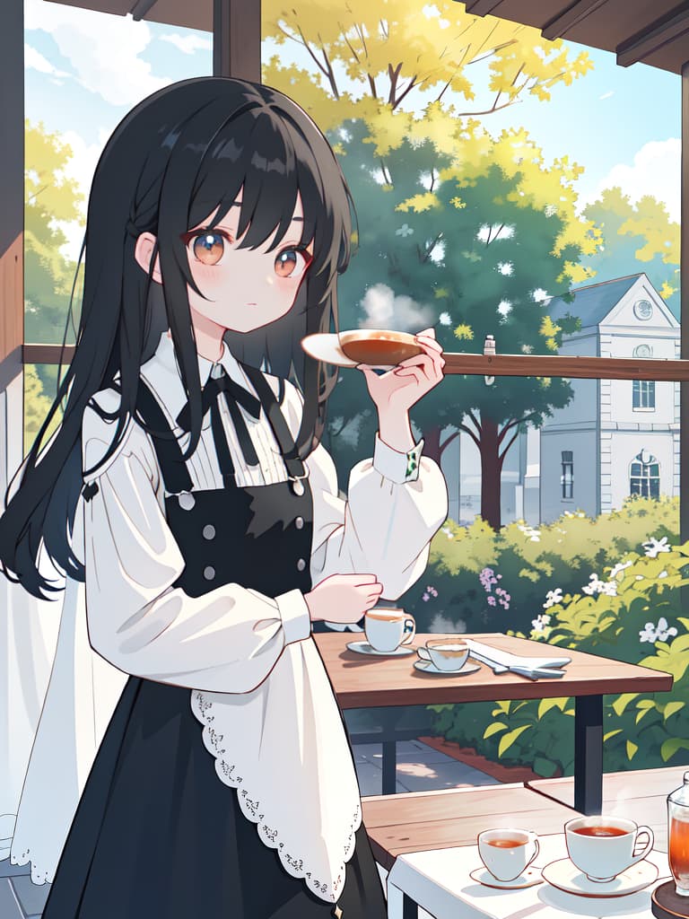  Cafe, tea, long, sauce, black hair, masterpiece, best quality,8k,ultra detailed,high resolution,an extremely delicate and beautiful,hyper detail