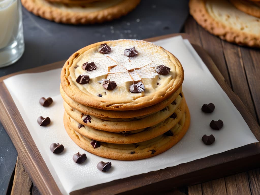  A closeup, ultradetailed image of a freshly baked, perfectly golden brown glutenfree chocolate chip cookie resting on a rustic wooden table. The cookie is studded with chunks of rich, melted chocolate, and a light dusting of powdered sugar adds a touch of elegance. The texture of the cookie's crisp edges and soft, chewy center is captured with remarkable clarity, highlighting the intricate details of each chocolate chip and the delicate crinkle of the cookie's surface. The warm, inviting aroma seems to waft off the image, inviting viewers to indulge in a moment of pure sensory delight. hyperrealistic, full body, detailed clothing, highly detailed, cinematic lighting, stunningly beautiful, intricate, sharp focus, f/1. 8, 85mm, (centered image composition), (professionally color graded), ((bright soft diffused light)), volumetric fog, trending on instagram, trending on tumblr, HDR 4K, 8K