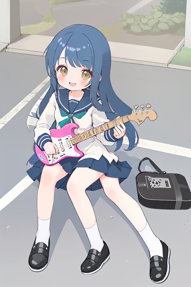  High school girl, mini character, cute, electric guitar, long hair, hanging, sitting on the ground, sailor suit, put an electric guitar on the knee, smile