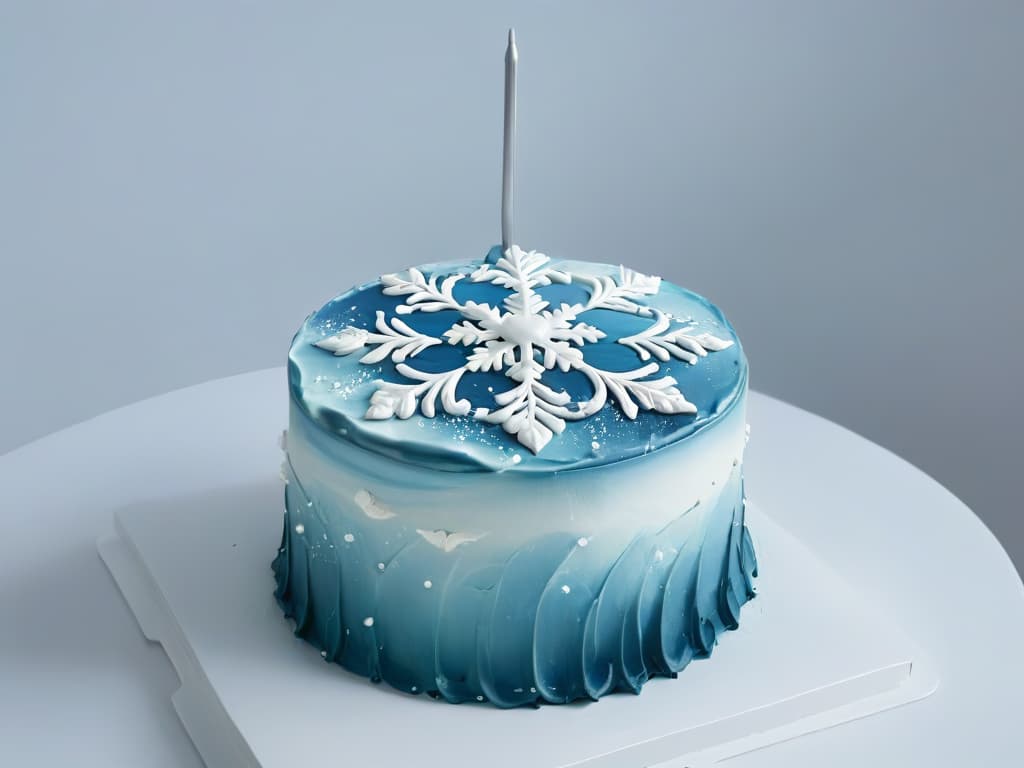  A minimalist image of an elegant winterthemed cake being delicately decorated with intricate snowflake designs using white icing, set against a clean white backdrop. hyperrealistic, full body, detailed clothing, highly detailed, cinematic lighting, stunningly beautiful, intricate, sharp focus, f/1. 8, 85mm, (centered image composition), (professionally color graded), ((bright soft diffused light)), volumetric fog, trending on instagram, trending on tumblr, HDR 4K, 8K