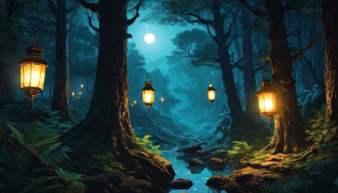  digital illustration Travelers with lanterns walking through an ancient forest at night, mystery and exploration, seeking light amidst obscurity, lantern light amidst ancient trees, journey of discovery, shadows and light interplay looking at viewer, dynamic pose, (intricate details, masterpiece, best quality)