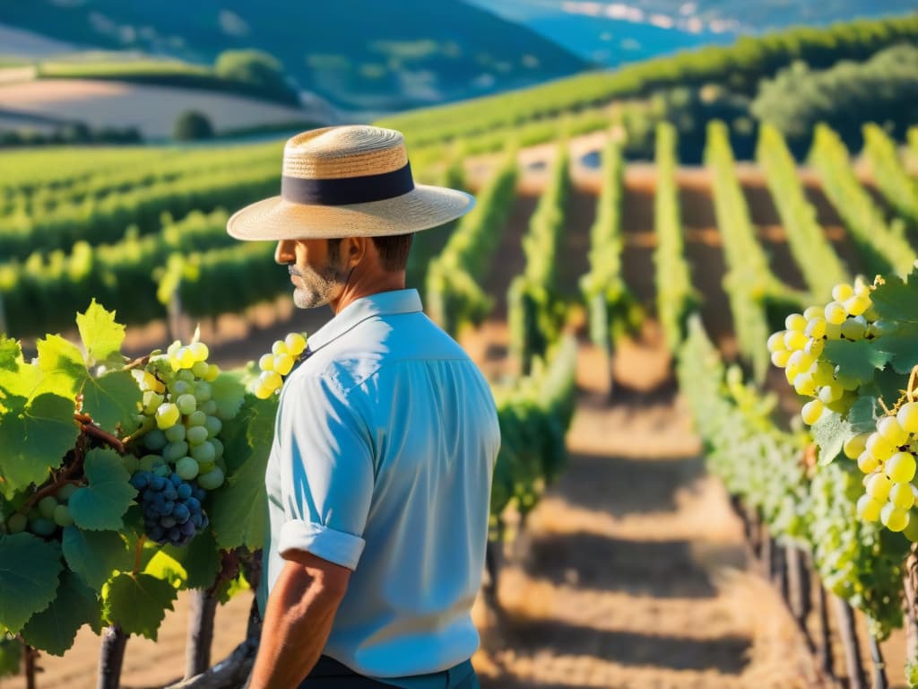  An ultradetailed image of a picturesque vineyard in Provence during a vibrant summer day, showcasing rows of lush green grapevines under the clear blue sky. In the foreground, a traditional French winemaker in a straw hat is carefully inspecting the grape clusters, surrounded by the idyllic countryside scenery with rolling hills in the background. The image captures the essence of the Provençal wine region, evoking a sense of tranquility and authenticity in winemaking. hyperrealistic, full body, detailed clothing, highly detailed, cinematic lighting, stunningly beautiful, intricate, sharp focus, f/1. 8, 85mm, (centered image composition), (professionally color graded), ((bright soft diffused light)), volumetric fog, trending on instagram, trending on tumblr, HDR 4K, 8K