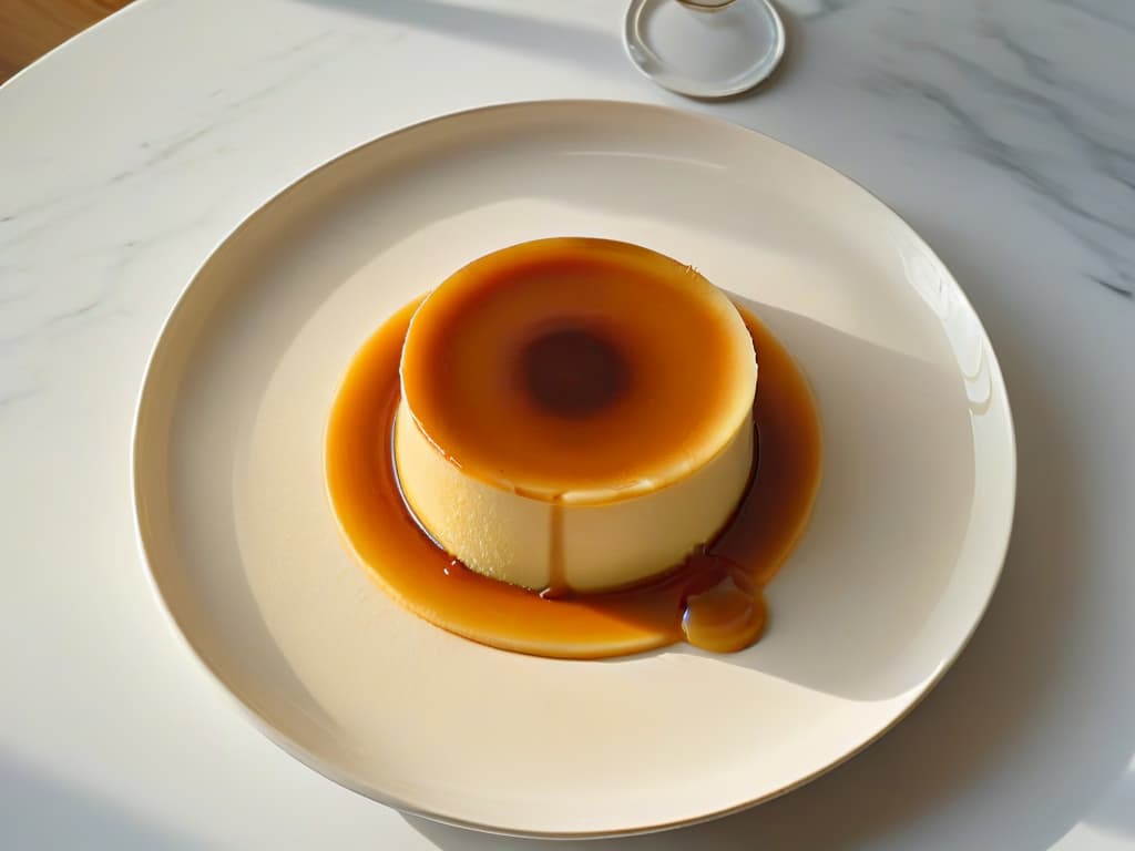  A minimalist and ultradetailed image of a creamy flan dessert presented on a sleek, modern plate. The flan is perfectly caramelized on top, with a glossy finish reflecting ambient light. The plate rests on a marble countertop, exuding a sense of elegance and culinary perfection. The focus is on the smooth texture of the flan, showcasing its richness and indulgent yet healthy qualities. hyperrealistic, full body, detailed clothing, highly detailed, cinematic lighting, stunningly beautiful, intricate, sharp focus, f/1. 8, 85mm, (centered image composition), (professionally color graded), ((bright soft diffused light)), volumetric fog, trending on instagram, trending on tumblr, HDR 4K, 8K