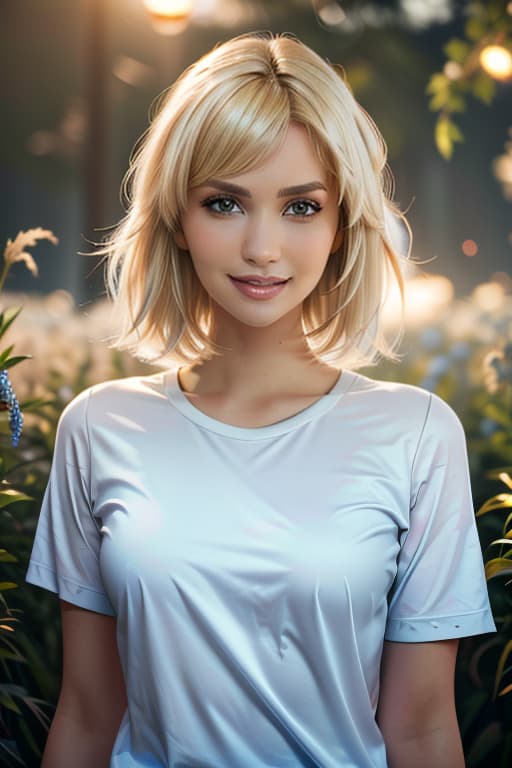  1girl,1girl,blonde short hair,straight hair,upper body shot,shirt,smile hyperrealistic, full body, detailed clothing, highly detailed, cinematic lighting, stunningly beautiful, intricate, sharp focus, f/1. 8, 85mm, (centered image composition), (professionally color graded), ((bright soft diffused light)), volumetric fog, trending on instagram, trending on tumblr, HDR 4K, 8K