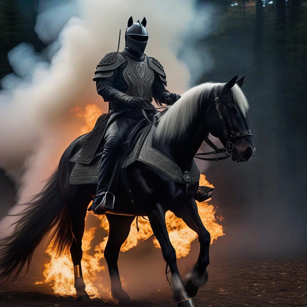  Terrible fire undead knight rider of undead horse black skin. hyperrealistic, full body, detailed clothing, highly detailed, cinematic lighting, stunningly beautiful, intricate, sharp focus, f/1. 8, 85mm, (centered image composition), (professionally color graded), ((bright soft diffused light)), volumetric fog, trending on instagram, trending on tumblr, HDR 4K, 8K