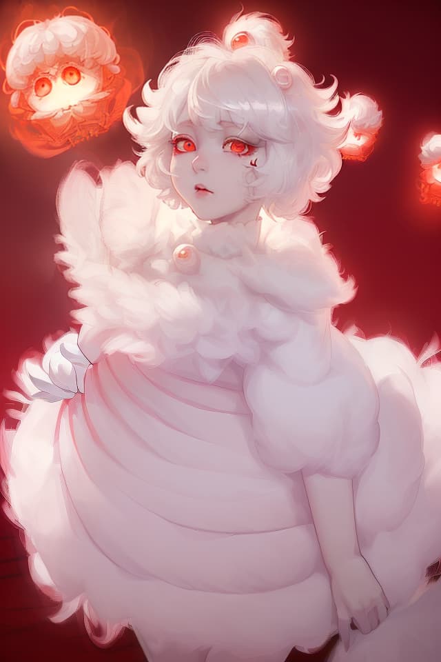  ((Fluffy Pearl White Hair, Fluffy Short Hair, JITOME: 1.4, Glowing Red Eyes)), Infant Body Shape Girl, (Absurdress, Ultimate quality), Beautiful. , Environmental lighting), details Texture, best shadow, very detail, colorful, 8K Wallpaper, Raw Photoristic Detailed, Dutch Angle, 💩, 💩, 💩,