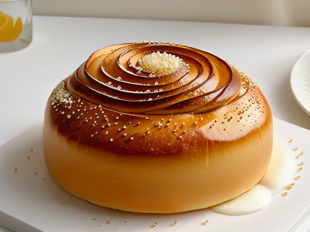  An ultradetailed image of a freshly baked brioche bun, glistening with sugar pearls on top, set against a clean, white background. The goldenbrown crust of the brioche is perfectly shiny, highlighting the texture and layers of the pastry, while the sugar pearls sparkle and add a touch of elegance to the composition. hyperrealistic, full body, detailed clothing, highly detailed, cinematic lighting, stunningly beautiful, intricate, sharp focus, f/1. 8, 85mm, (centered image composition), (professionally color graded), ((bright soft diffused light)), volumetric fog, trending on instagram, trending on tumblr, HDR 4K, 8K