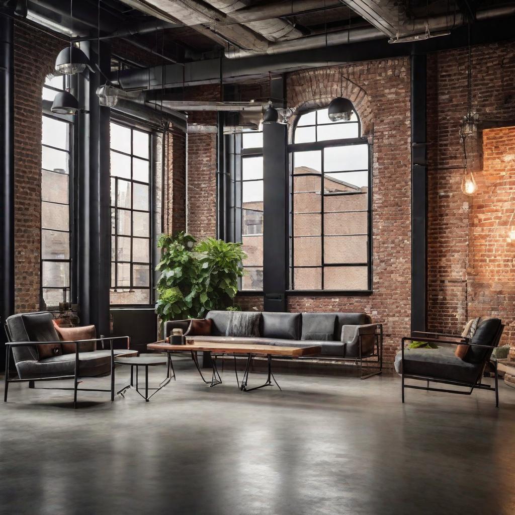   Picture a loft space featuring exposed brick walls, polished concrete floors, and metal framed furniture for an urban vibe. 8k, cinematic lighting, HDR