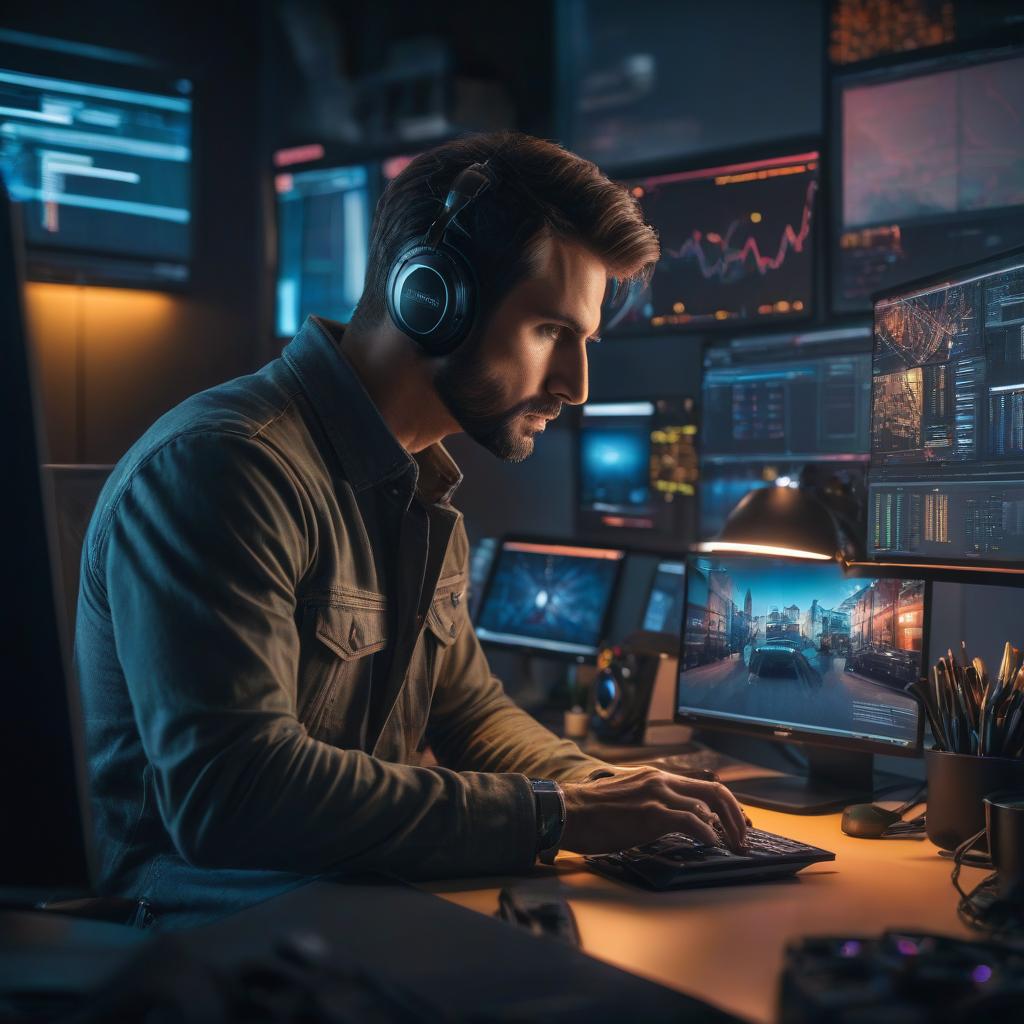  A web designer is concentrating on his desk, surrounded by bright and positive colors. He sits in front of his computer, with a complex graphical pattern displayed on the screen the website project he is working on. The designer is inspired as he creates the website. hyperrealistic, full body, detailed clothing, highly detailed, cinematic lighting, stunningly beautiful, intricate, sharp focus, f/1. 8, 85mm, (centered image composition), (professionally color graded), ((bright soft diffused light)), volumetric fog, trending on instagram, trending on tumblr, HDR 4K, 8K