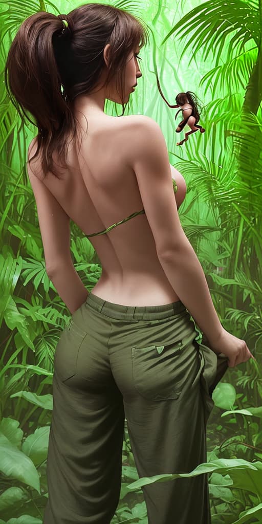  girl-in the jungle, with her back turned, holding onto a tree, vomiting, taking off her pants