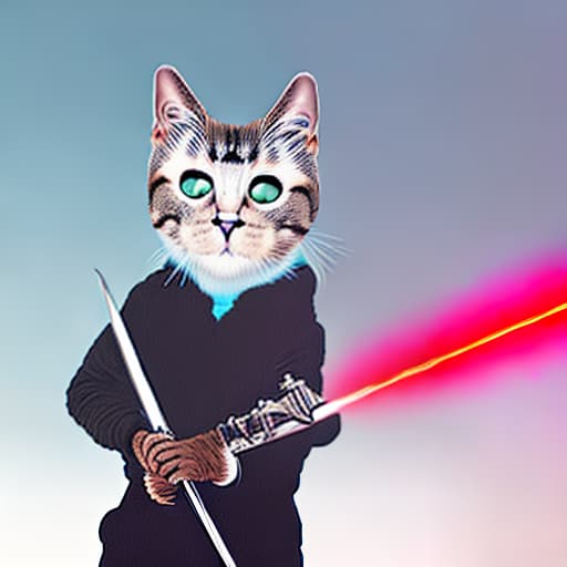 dublex style futuristic cat warrior with a sword and laser gun