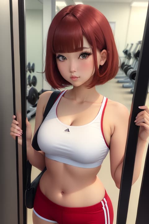  , Bobcut hair, at the Gym, Sad face, American ethnicity, Red hair, Sundress clothes, 1girl, mature, cute face, model face, medium sized eyes, both eyes are same, colored hair, (centered in frame)+,