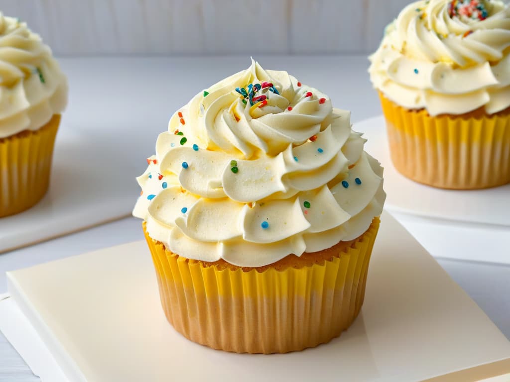  An ultradetailed image of a perfectly frosted cupcake, delicately topped with pastelcolored sprinkles, set against a clean, white background. The frosting is swirled elegantly, showcasing intricate details and texture, while the sprinkles are arranged meticulously, creating a visually appealing and minimalistic composition that exudes sophistication and creativity. hyperrealistic, full body, detailed clothing, highly detailed, cinematic lighting, stunningly beautiful, intricate, sharp focus, f/1. 8, 85mm, (centered image composition), (professionally color graded), ((bright soft diffused light)), volumetric fog, trending on instagram, trending on tumblr, HDR 4K, 8K