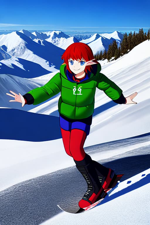  Elf, smile, red hair, short hair, ski wear, boots, stock with both hands, slide on snowy mountains, midday