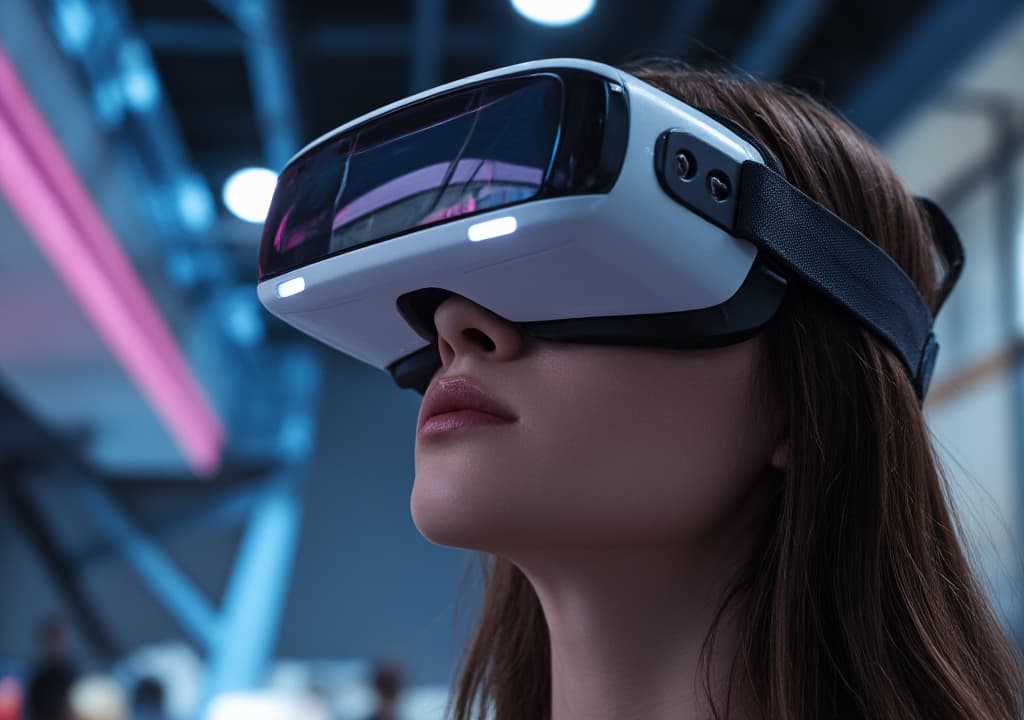  detail, photo, cinscene, dreamwalking young woman wearing virtual reality goggles. future technology and entertainment concept