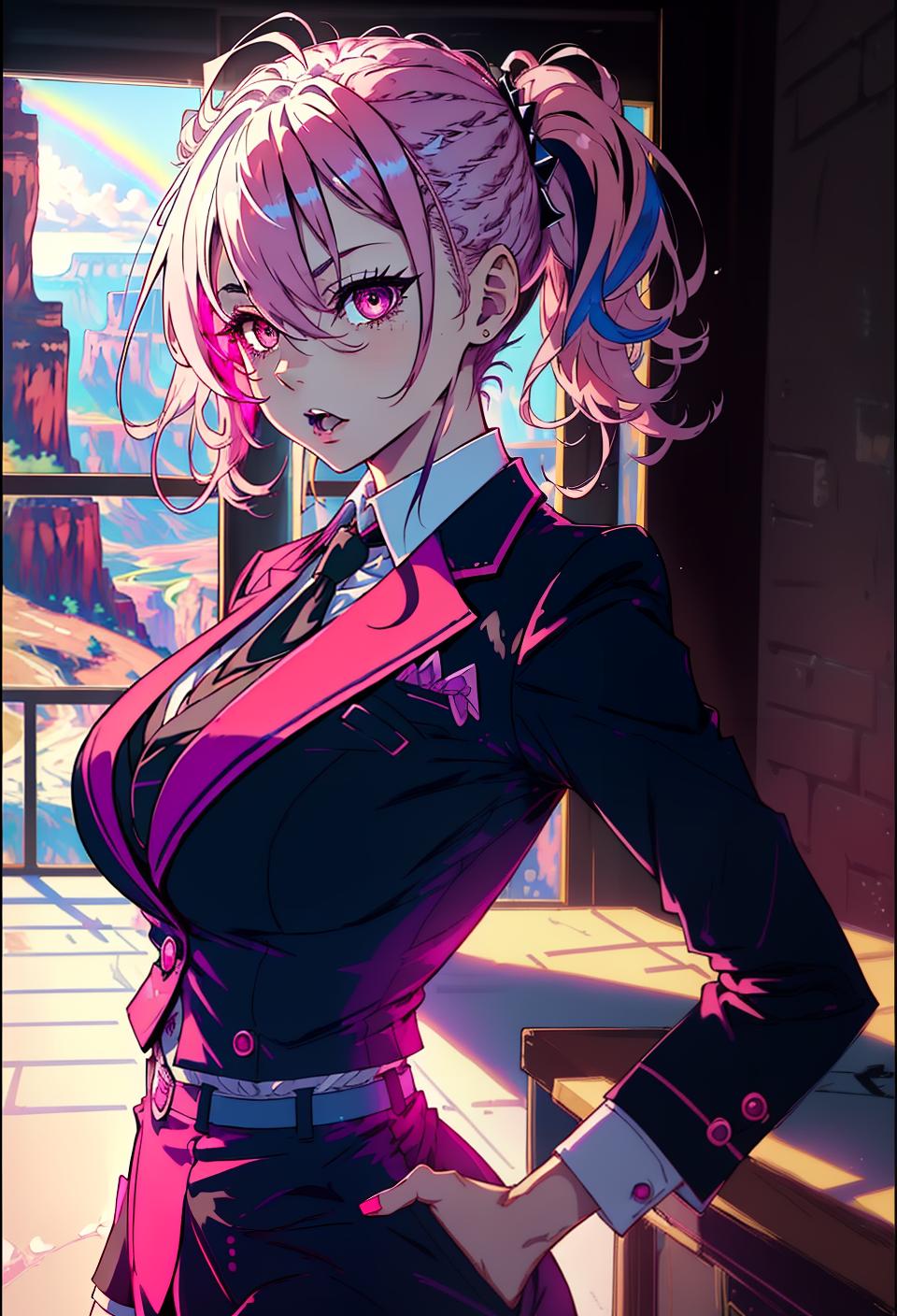  ((trending, highres, masterpiece, cinematic shot)), 1girl, mature, female business attire, large, Grand Canyon scene, short spiked pink hair, twintails hairstyle,  rainbow-colored eyes, psychopath, crazy personality, smug expression, very pale skin, chaotic, energetic