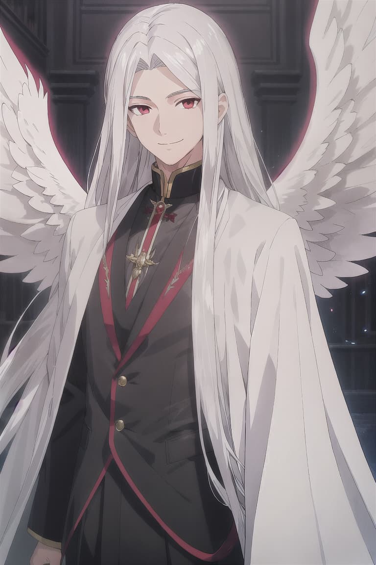  master piece , best quality,Male, white hair, long straight hair, black and red odd eyes, groom, silver angel wings, happy smile