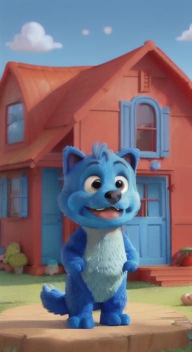  {Max the big blue dog standing in front of a cozy little house with a red door, The big blue dog is large with sky blue fur, big round eyes, a black nose, and floppy ears.