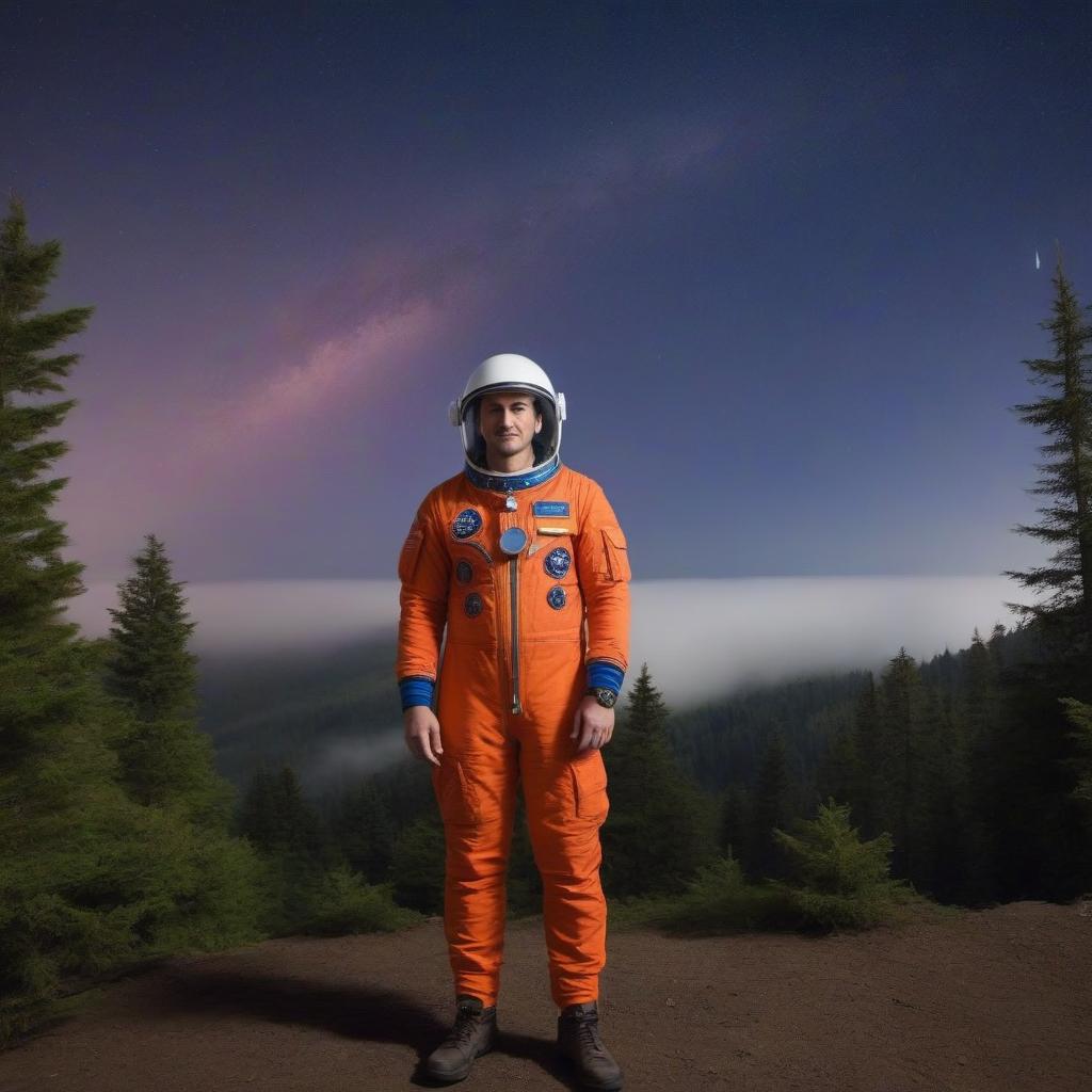  A tall and bald man, dressed in the costume of the captain of the astronauts, with an open super -helmet on his head, where the captain’s face is visible: dark -brown eyebrows, the tip of his nose, like a small potato, lips are red, he is in the cosmodrome of the future, in a foggy light, in a foggy light.Against the background of the starry sky.