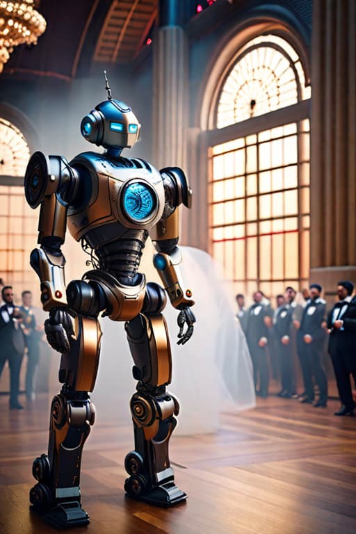  robot wedding hyperrealistic, full body, detailed clothing, highly detailed, cinematic lighting, stunningly beautiful, intricate, sharp focus, f/1. 8, 85mm, (centered image composition), (professionally color graded), ((bright soft diffused light)), volumetric fog, trending on instagram, trending on tumblr, HDR 4K, 8K