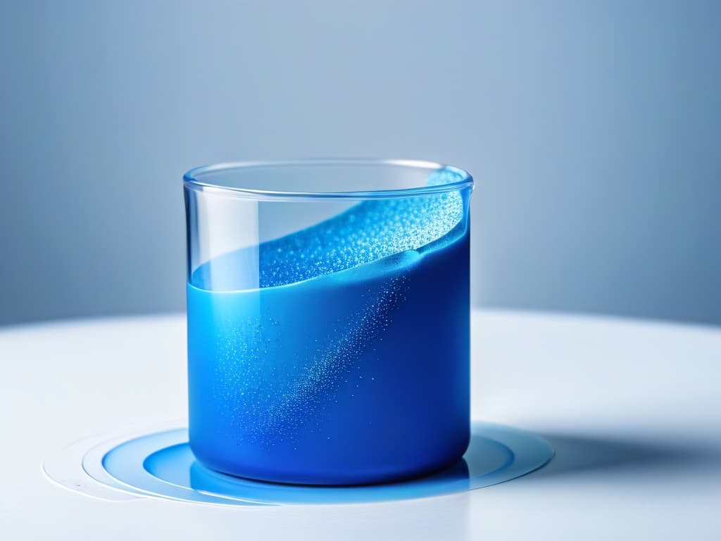  A closeup, highresolution image of a sleek, modern laboratory beaker filled with a vibrant, translucent mousse or gel in a striking shade of electric blue. The mousse appears to have a light, airy texture with tiny bubbles, showcasing the innovative and captivating qualities of modern cosmetic formulations. The background is blurred to emphasize the beaker and its contents, creating a minimalistic and professional aesthetic perfect for the theme of exploring innovations in mousses and gels. hyperrealistic, full body, detailed clothing, highly detailed, cinematic lighting, stunningly beautiful, intricate, sharp focus, f/1. 8, 85mm, (centered image composition), (professionally color graded), ((bright soft diffused light)), volumetric fog, trending on instagram, trending on tumblr, HDR 4K, 8K