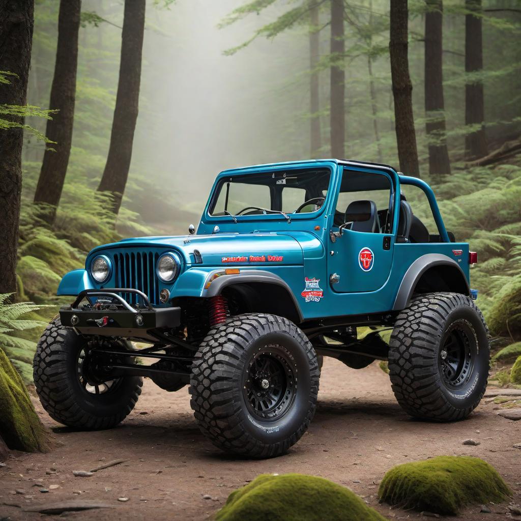  Create an image of a CJ-7 on 40-inch tires with coilovers that stretch 10 inches, designed to be a rock crawler, featuring a Richard Petty 1960s paint scheme. hyperrealistic, full body, detailed clothing, highly detailed, cinematic lighting, stunningly beautiful, intricate, sharp focus, f/1. 8, 85mm, (centered image composition), (professionally color graded), ((bright soft diffused light)), volumetric fog, trending on instagram, trending on tumblr, HDR 4K, 8K