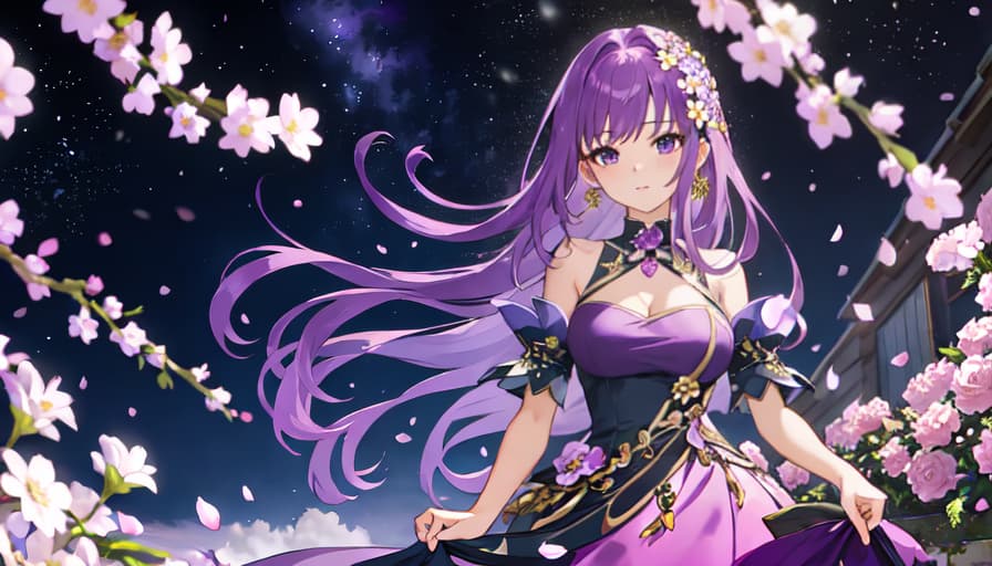  master piece , best quality,A purple haired princess in a dress with an open bust walking through a flurry of flowers Night best quality