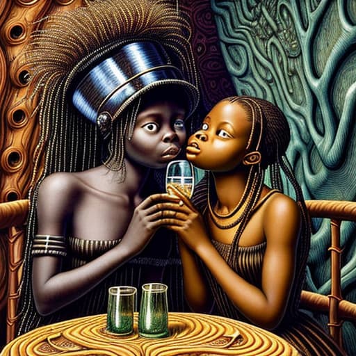  Alice and a African girl kissing at a wild drinking party, stable diffusion, absolute reality v1.6, in the style of jacek yerka and hr giger