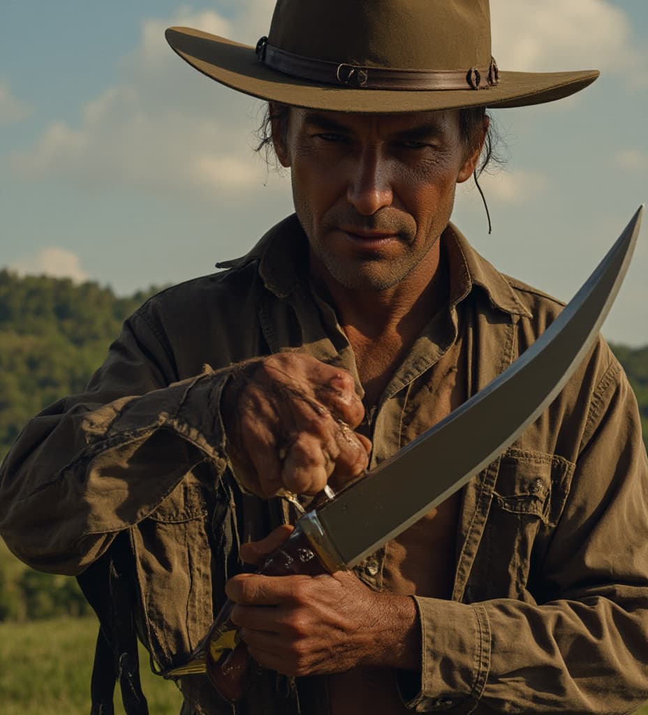  detail, photo, cinscene, dreamwalking the image of a farmer from colombia in the 80s, with a hat and a ragged button shirt, holding a machete in one hand and a revolver in another, in a visual style similar to darkest dungeon