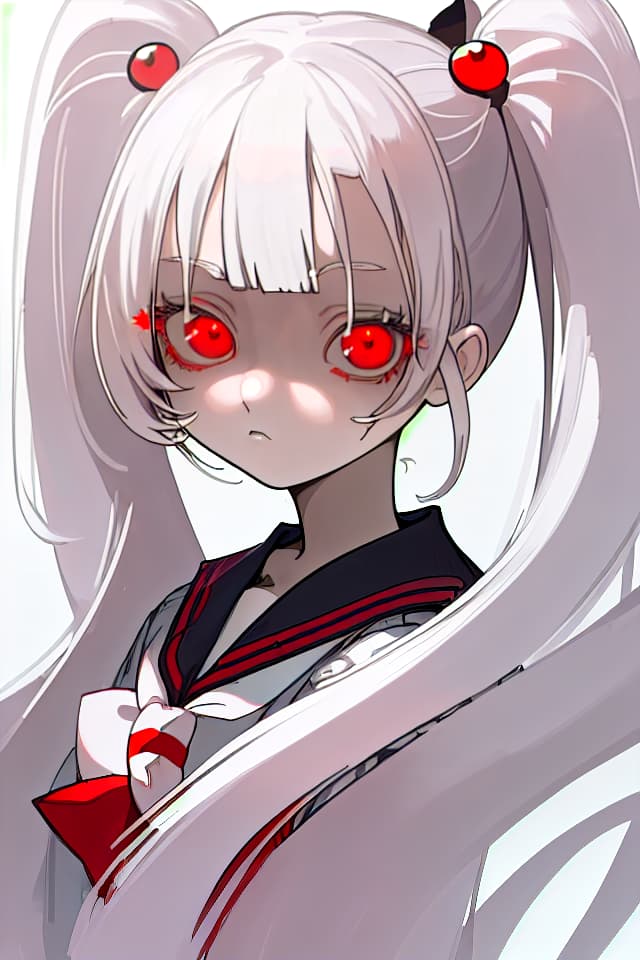  White hair,red eyes,eyes are shining,the strongest,beautiful girl,twin tails,expressionless,beautiful,mysterious,sailor suit,face upWhite hair,red eyes,eyes are shining,the strongest,beautiful girl,twin tails,expressionless,beautiful,mysterious,sailor suit,face up、(absurd detailed:1.4、best quality:1.4、masterpiece:1.4)、