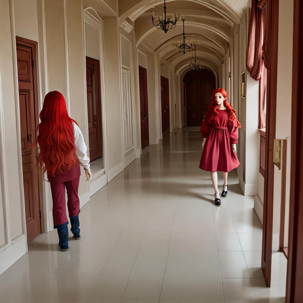  masterpiece, best quality, A hair red walking down a hallway