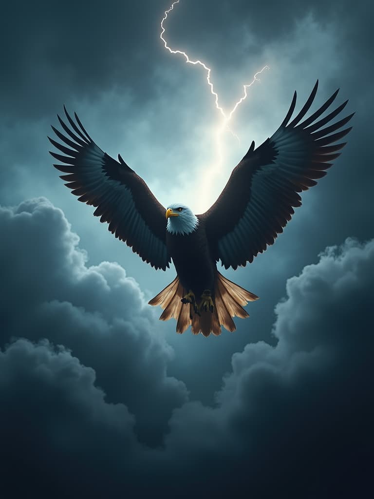  a majestic eagle soaring through a storm ravaged sky, lightning bolts illuminating its outstretched wings, cinematic view, ultra realistic, dynamic composition, dramatic lighting, volumetric clouds, high contrast, intense atmosphere, 4k resolution, hyper detailed feathers, epic scale, moody color palette hyperrealistic, full body, detailed clothing, highly detailed, cinematic lighting, stunningly beautiful, intricate, sharp focus, f/1. 8, 85mm, (centered image composition), (professionally color graded), ((bright soft diffused light)), volumetric fog, trending on instagram, trending on tumblr, HDR 4K, 8K