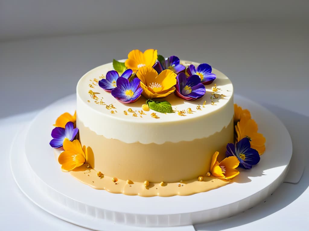  A closeup, ultradetailed image of a delicate, intricate pastry being meticulously decorated with gold flakes and edible flowers on a sleek, modern white plate. The focus is on the skilled hands of a pastry chef, elegantly placing the final touches on the masterpiece. The vibrant colors of the flowers contrast beautifully with the shimmering gold, creating a visually captivating and luxurious dessert presentation. hyperrealistic, full body, detailed clothing, highly detailed, cinematic lighting, stunningly beautiful, intricate, sharp focus, f/1. 8, 85mm, (centered image composition), (professionally color graded), ((bright soft diffused light)), volumetric fog, trending on instagram, trending on tumblr, HDR 4K, 8K