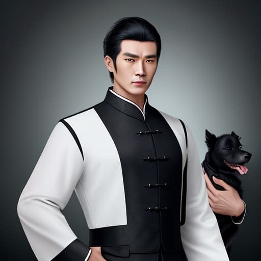  Chinese tunic suit man and a black dog, the role should be handsome and fierce, black dog should be funny,