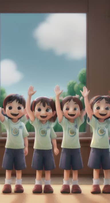  {A heartwarming scene of all the children waving goodbye with happy expressions., Children waving with wide smiles, looking grateful and content.