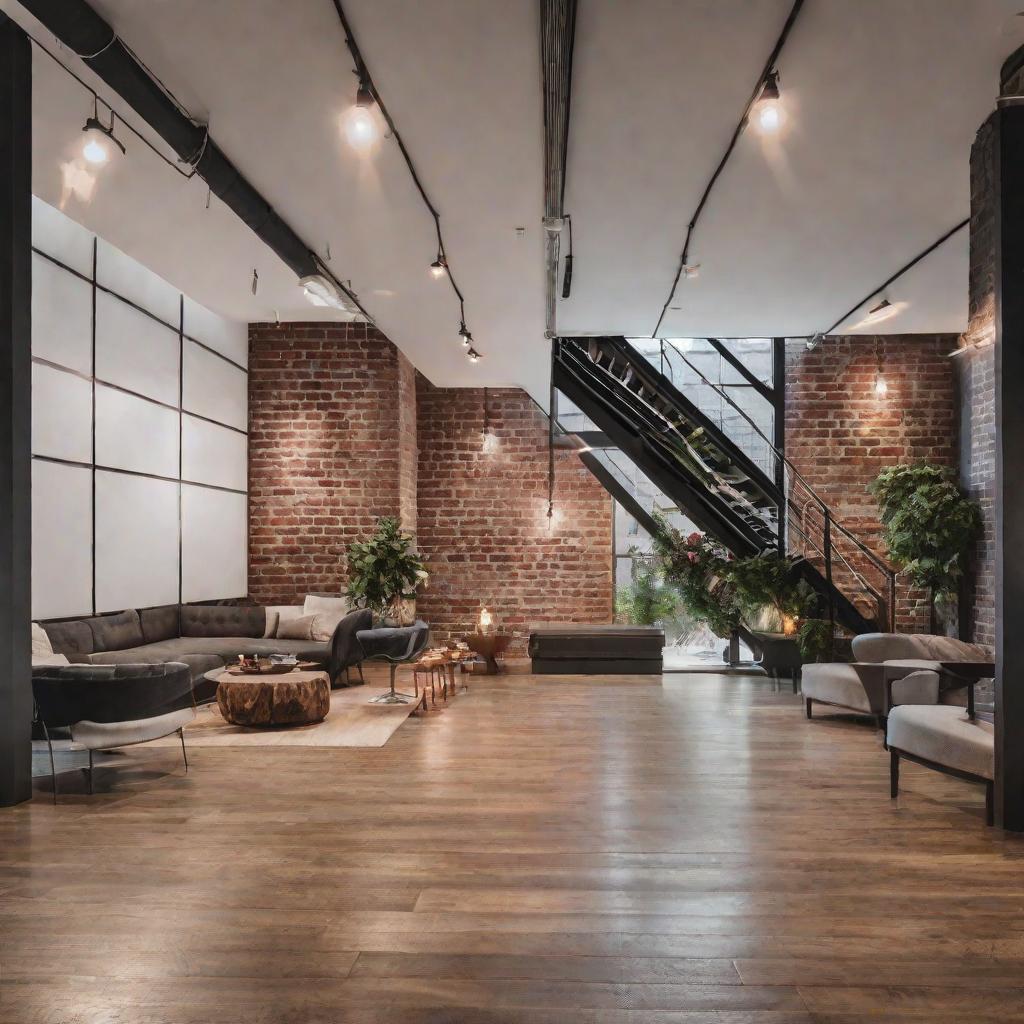   Picture a loft space featuring exposed brick walls, polished concrete floors, and metal framed furniture for an urban vibe. 8k, cinematic lighting, HDR