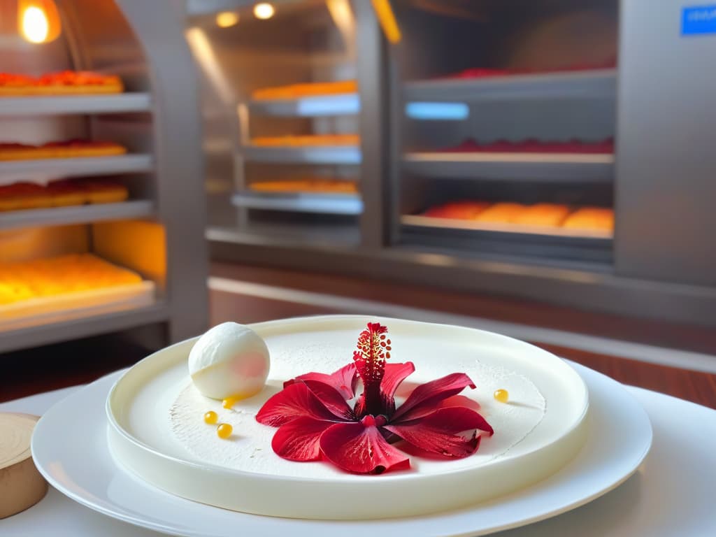  A highresolution, ultradetailed image of a sleek, modern pastry kitchen with minimalist white countertops and shelves, showcasing a beautifully crafted hibiscus flowerinfused dessert as the focal point. The dessert is elegantly plated on a simple, white porcelain dish, with vibrant red hibiscus petals delicately scattered around it. The lighting is soft and natural, emphasizing the vivid colors of the dessert and creating a serene, inspiring atmosphere. hyperrealistic, full body, detailed clothing, highly detailed, cinematic lighting, stunningly beautiful, intricate, sharp focus, f/1. 8, 85mm, (centered image composition), (professionally color graded), ((bright soft diffused light)), volumetric fog, trending on instagram, trending on tumblr, HDR 4K, 8K