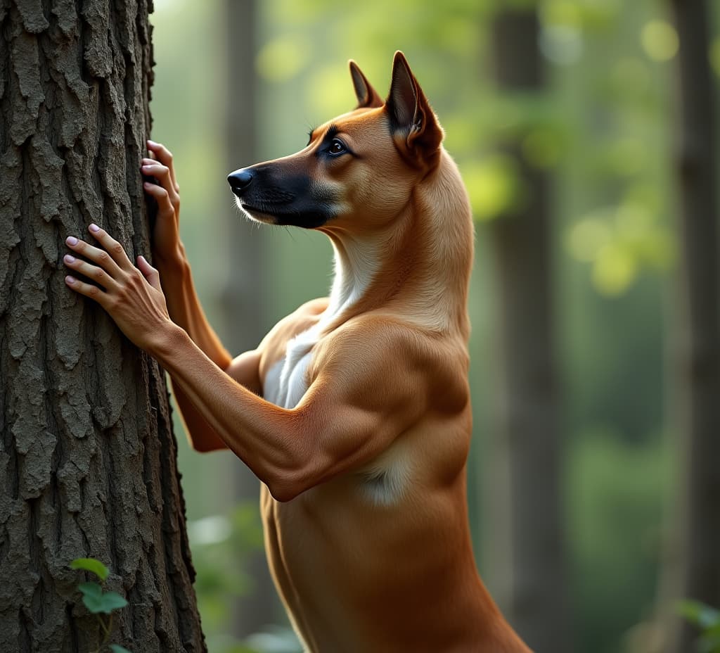  good quality, high quality, photorealistic image of a tall muscular dog with a silky coat scratching a tree, showing off its defined shoulder muscles